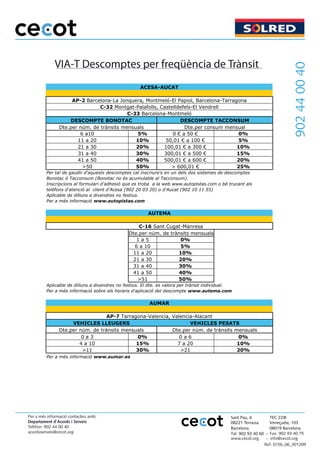 VIA-T Descomptes per freqüència de Trànsit




                                                                              902 44 00 40




Per a més informació contacteu amb:
Departament d’Acords i Serveis
Telèfon: 902 44 00 40
acordsiserveis@cecot.org                                            Fax: 902 93 40 75
                                                 www.cecot.org    - info@cecot.org
                                                                 Ref. 015b_06_301209
 