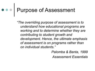 Purpose of Assessment
“The overriding purpose of assessment is to
understand how educational programs are
working and to determine whether they are
contributing to student growth and
development. Hence, the ultimate emphasis
of assessment is on programs rather than
on individual students.”
Palomba & Banta, 1999
Assessment Essentials
 
