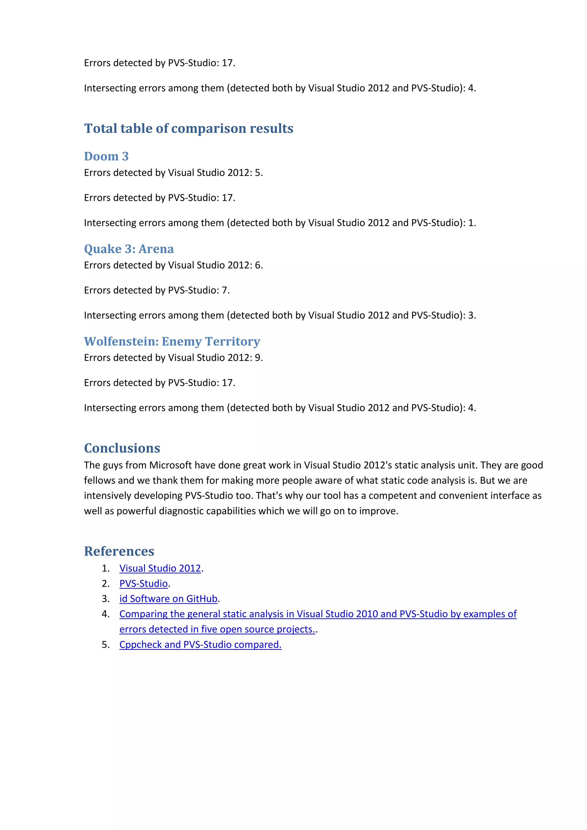 Errors detected by PVS-Studio: 17. Intersecting errors among them (detected both by Visual Studio 2012 and PVS-Studio): 4. Total table of comparison results Doom 3 Errors detected by Visual Studio 2012: 5. Errors detected by PVS-Studio: 17. Intersecting errors among them (detected both by Visual Studio 2012 and PVS-Studio): 1. Quake 3: Arena Errors detected by Visual Studio 2012: 6. Errors detected by PVS-Studio: 7. Intersecting errors among them (detected both by Visual Studio 2012 and PVS-Studio): 3. Wolfenstein: Enemy Territory Errors detected by Visual Studio 2012: 9. Errors detected by PVS-Studio: 17. Intersecting errors among them (detected both by Visual Studio 2012 and PVS-Studio): 4. Conclusions The guys from Microsoft have done great work in Visual Studio 2012's static analysis unit. They are good fellows and we thank them for making more people aware of what static code analysis is. But we are intensively developing PVS-Studio too. That's why our tool has a competent and convenient interface as well as powerful diagnostic capabilities which we will go on to improve. References 1. Visual Studio 2012. 2. PVS-Studio. 3. id Software on GitHub. 4. Comparing the general static analysis in Visual Studio 2010 and PVS-Studio by examples of errors detected in five open source projects.. 5. Cppcheck and PVS-Studio compared. 