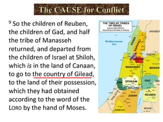 9 So the children of Reuben,
the children of Gad, and half
the tribe of Manasseh
returned, and departed from
the children of Israel at Shiloh,
which is in the land of Canaan,
to go to the country of Gilead,
to the land of their possession,
which they had obtained
according to the word of the
LORD by the hand of Moses.
 