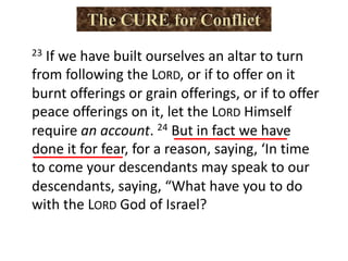 23 If we have built ourselves an altar to turn
from following the LORD, or if to offer on it
burnt offerings or grain offerings, or if to offer
peace offerings on it, let the LORD Himself
require an account. 24 But in fact we have
done it for fear, for a reason, saying, ‘In time
to come your descendants may speak to our
descendants, saying, “What have you to do
with the LORD God of Israel?
 