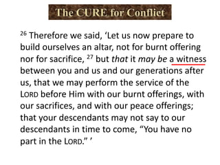 26 Therefore we said, ‘Let us now prepare to
build ourselves an altar, not for burnt offering
nor for sacrifice, 27 but that it may be a witness
between you and us and our generations after
us, that we may perform the service of the
LORD before Him with our burnt offerings, with
our sacrifices, and with our peace offerings;
that your descendants may not say to our
descendants in time to come, “You have no
part in the LORD.” ’
 