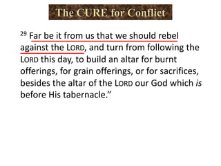 29 Far be it from us that we should rebel
against the LORD, and turn from following the
LORD this day, to build an altar for burnt
offerings, for grain offerings, or for sacrifices,
besides the altar of the LORD our God which is
before His tabernacle.”
 