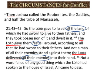 21:43–45 So the LORD gave to Israel all the land of
which He had sworn to give to their fathers, and
they took possession of it and dwelt in it. 44 The
LORD gave them rest all around, according to all
that He had sworn to their fathers. And not a man
of all their enemies stood against them; the LORD
delivered all their enemies into their hand. 45 Not a
word failed of any good thing which the LORD had
spoken to the house of Israel. All came to pass.
1 Then Joshua called the Reubenites, the Gadites,
and half the tribe of Manasseh,
 