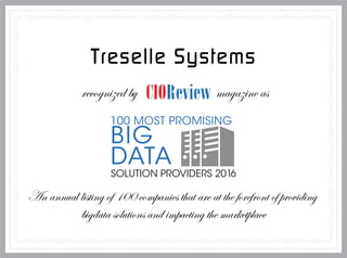 Treselle Systems
recognized by magazine as
An annual listing of 100 companies that are at the forefront of providing
bigdata solutions and impacting the marketplace
 