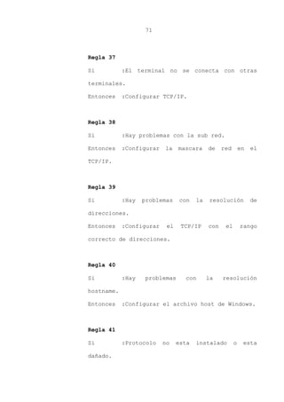 71
Regla 37
Si :El terminal no se conecta con otras
terminales.
Entonces :Configurar TCP/IP.
Regla 38
Si :Hay problemas con la sub red.
Entonces :Configurar la mascara de red en el
TCP/IP.
Regla 39
Si :Hay problemas con la resolución de
direcciones.
Entonces :Configurar el TCP/IP con el rango
correcto de direcciones.
Regla 40
Si :Hay problemas con la resolución
hostname.
Entonces :Configurar el archivo host de Windows.
Regla 41
Si :Protocolo no esta instalado o esta
dañado.
 