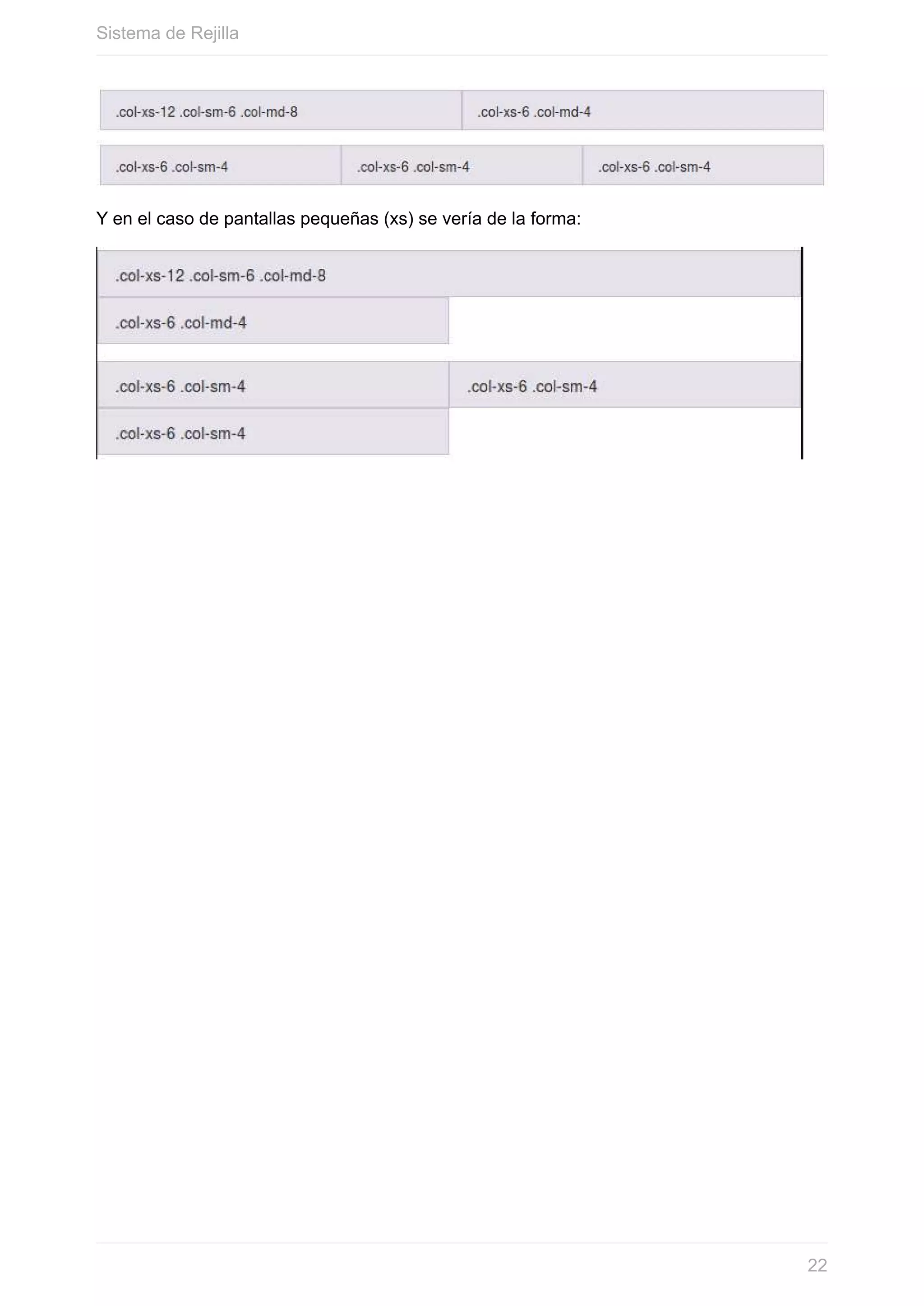 Y	en	el	caso	de	pantallas	pequeñas	(xs)	se	vería	de	la	forma:
Sistema	de	Rejilla
22
 