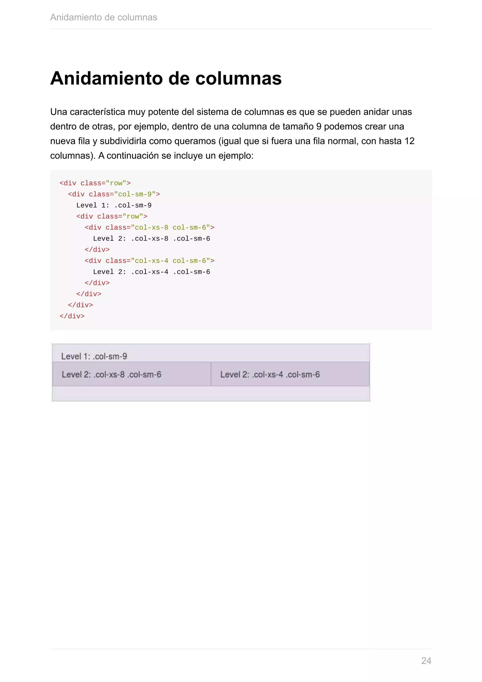 Anidamiento	de	columnas
Una	característica	muy	potente	del	sistema	de	columnas	es	que	se	pueden	anidar	unas
dentro	de	otras,	por	ejemplo,	dentro	de	una	columna	de	tamaño	9	podemos	crear	una
nueva	fila	y	subdividirla	como	queramos	(igual	que	si	fuera	una	fila	normal,	con	hasta	12
columnas).	A	continuación	se	incluye	un	ejemplo:
<div	class="row">
		<div	class="col-sm-9">
				Level	1:	.col-sm-9
				<div	class="row">
						<div	class="col-xs-8	col-sm-6">
								Level	2:	.col-xs-8	.col-sm-6
						</div>
						<div	class="col-xs-4	col-sm-6">
								Level	2:	.col-xs-4	.col-sm-6
						</div>
				</div>
		</div>
</div>
Anidamiento	de	columnas
24
 
