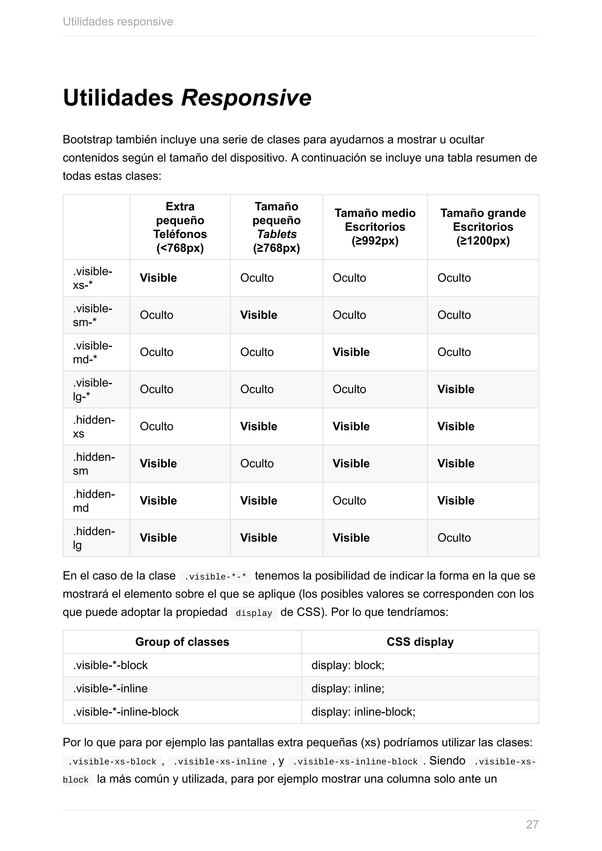 Utilidades	Responsive
Bootstrap	también	incluye	una	serie	de	clases	para	ayudarnos	a	mostrar	u	ocultar
contenidos	según	el	tamaño	del	dispositivo.	A	continuación	se	incluye	una	tabla	resumen	de
todas	estas	clases:
Extra
pequeño
Teléfonos
(<768px)
Tamaño
pequeño
Tablets
(≥768px)
Tamaño	medio
Escritorios
(≥992px)
Tamaño	grande
Escritorios
(≥1200px)
.visible-
xs-*
Visible Oculto Oculto Oculto
.visible-
sm-*
Oculto Visible Oculto Oculto
.visible-
md-*
Oculto Oculto Visible Oculto
.visible-
lg-*
Oculto Oculto Oculto Visible
.hidden-
xs
Oculto Visible Visible Visible
.hidden-
sm
Visible Oculto Visible Visible
.hidden-
md
Visible Visible Oculto Visible
.hidden-
lg
Visible Visible Visible Oculto
En	el	caso	de	la	clase		.visible-*-*		tenemos	la	posibilidad	de	indicar	la	forma	en	la	que	se
mostrará	el	elemento	sobre	el	que	se	aplique	(los	posibles	valores	se	corresponden	con	los
que	puede	adoptar	la	propiedad		display		de	CSS).	Por	lo	que	tendríamos:
Group	of	classes CSS	display
.visible-*-block display:	block;
.visible-*-inline display:	inline;
.visible-*-inline-block display:	inline-block;
Por	lo	que	para	por	ejemplo	las	pantallas	extra	pequeñas	(xs)	podríamos	utilizar	las	clases:
	.visible-xs-block	,		.visible-xs-inline	,	y		.visible-xs-inline-block	.	Siendo		.visible-xs-
block		la	más	común	y	utilizada,	para	por	ejemplo	mostrar	una	columna	solo	ante	un
Utilidades	responsive
27
 