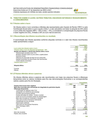 NOTAS EXPLICATIVAS ÀS DEMONSTRAÇÕES FINANCEIRAS CONSOLIDADAS
Exercícios findos em 31 de dezembro de 2022 e 2021
(Valores expressos em milhões de reais, exceto quando indicado)
104
10. TRIBUTOS SOBRE O LUCRO, OUTROS TRIBUTOS, ENCARGOS SETORIAIS E RESSARCIMENTO
A CONSUMIDORES
10.1 Tributos sobre o lucro
Os tributos sobre o lucro correntes e diferidos são representados pelo Imposto de Renda (“IRPJ”) e pela
Contribuição Social sobre o Lucro Líquido (“CSLL"), e são calculados com base na alíquota de 34% sobre
o lucro antes dos impostos (IRPJ – 25% e CSLL – 9%), e consideram a compensação de prejuízos fiscais
e base negativa de CSLL, limitada a 30% do lucro real do exercício.
10.1.1Reconciliação dos tributos reconhecidos no resultado
A reconciliação dos tributos apurados conforme alíquotas nominais e o valor dos tributos reconhecidos
estão apresentados a seguir:
Consolidado
2022 2021
Lucro antes dos tributos sobre o lucro 5.539 5.589
Tributos sobre o lucro às alíquotas da legislação - 34% (1.829) (1.902)
Ajustes que afetaram o cálculo dos tributos sobre o lucro:
Restruturação societária (nota 15.5) 678 -
Benefício tributário sobre os juros sobre o capital próprio 136 119
Incentivos fiscais 472 409
Diferença de presunção de base do lucro presumido 55 123
Adições (reversões) de ativos fiscais não reconhecidos (135) (192)
Outras adições (reversões) (129) (80)
Tributos sobre o lucro (752) (1.523)
Alíquota efetiva 14% 27%
Corrente (722) (566)
Diferido (30) (957)
10.1.2Tributos diferidos ativos e passivos
Os tributos diferidos ativos e passivos são reconhecidos com base nos prejuízos fiscais e diferenças
temporárias entre os valores contábeis para fins das demonstrações financeiras e os correspondentes
valores usados para fins de tributação.
Consolidado
2022 2021
Prejuízo fiscal (inclui base negativa) 498 404
Mais-valia e provisão para manutenção da integridade do patrimônio líquido 384 461
Diferenças temporárias:
Combinação de negócios (nota 15.4) - (671)
Obrigações com benefícios pós-emprego 292 287
Provisão para processos judiciais 387 353
Perdas estimadas de créditos - Contas a receber 307 281
Direito de uso da concessão receita de ultrapassagem 91 96
Mais-valia vinculada ao imobilizado e intangível 98 48
Valor justo de ativos financeiros indenizáveis (1.998) (1.535)
Capitalização de juros de dívida (103) (160)
Depreciação acelerada (27) (40)
Valor justo de instrumentos financeiros 83 14
Risco hidrológico (GSF) (44) (42)
Outros (881) (604)
Total (913) (1.039)
Ativo não circulante 611 727
Passivo não circulante (1.524) (1.766)
 