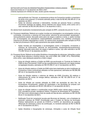 NOTAS EXPLICATIVAS ÀS DEMONSTRAÇÕES FINANCEIRAS CONSOLIDADAS
Exercícios findos em 31 de dezembro de 2022 e 2021
(Valores expressos em milhões de reais, exceto quando indicado)
143
está pacificado nos Tribunais, os assessores jurídicos da Companhia mantêm o prognóstico
de perda como possível. O montante estimado perfaz o total de R$ 483 (R$ 469 em 31 de
dezembro de 2021).
▪ Ações de natureza comercial e indenizatória, movidas por pessoas físicas e jurídicas,
envolvendo repetição de indébito, danos materiais e/ou danos morais, entre outros com o
valor estimado de R$ 343 (R$ 328 em 31 de dezembro e 2021).
Os valores foram atualizados monetariamente pela variação do INPC, acrescido de juros de 1% a.m.
(2) Processos trabalhistas: Referem-se a ações movidas por empregados e ex-empregados contra as
controladas, envolvendo a cobrança de horas-extras, adicional de periculosidade, equiparação /
reenquadramento salarial, discussão sobre plano de cargos e salários e outras, e, ações movidas
por ex-empregados de empreiteiros (responsabilidade subsidiária e/ou solidária) envolvendo
cobrança de parcelas indenizatórias e outras. Os valores foram atualizados pela variação do IPCA
na fase pré processual e SELIC após ajuizamento das ações trabalhistas.
▪ Ações movidas por empregados e ex-empregados contra a Companhia, envolvendo a
cobrança de horas-extras, adicional de periculosidade, equiparação/reenquadramento
salarial, discussão sobre plano de cargos e salários e outras, cujo valor estimado é de R$
772 (R$ 732 em 31 de dezembro de 2021).
(3) Processos fiscais: Referem-se às ações tributárias e impugnações de cobranças, intimações e autos
de infração fiscal referente a diversos tributos, tais como ICMS, ISS, CPMF, IPTU, PIS/COFINS,
entre outros, cujos destaques passamos a tratar a seguir
▪ Autos de infração relativos a Crédito de ICMS cuja escrituração no "Controle de Crédito do
ICMS do Ativo Permanente" (CIAP) se deu supostamente em desacordo com regras revistas
na legislação tributária, estimados em R$ 516 (R$ 411 em 31 de dezembro de 2021);
▪ Autos de infração relativos a Crédito de ICMS sobre bens destinados ao ativo imobilizado da
Companhia e sobre combustíveis utilizados na frota operacional, estimados em R$ 286 (R$
287 em 31 de dezembro de 2021);
▪ Autos de infração relativos a estornos de débitos de ICMS (Convênio 30) relativos à
refaturamento de contas de energia elétrica, estimados em R$ 183 (R$179 em 31 de
dezembro de 2021);
▪ Autos de infração por suposta utilização do ICMS nas aquisições de ativo fixo, de
fornecedores microempresa, créditos em duplicidade e nas aquisições de compras com
entrega futura, estimados em R$ 501 (R$ 480 em 31 de dezembro de 2021);
▪ Autos de infração relativos a contribuições sociais (INSS) sobre valores pagos a título de
PLR, previdência privada, assistência médica, Programa de Alimentação do Trabalhador -
PAT bem como valores pagos a título de cessão de mão-de-obra, estimados em R$ 105 (R$
90 em 31 de dezembro de 2021).
▪ Notificação Fiscal de Lançamento lavrada pelo Município de Salvador, com a finalidade de
promover cobrança de COSIP (Contribuição para o Custeio do Serviço de Iluminação
Pública) relativamente ao período de 01/2018 a 12/2019, em decorrência de supostas
diferenças de cobranças a menor da contribuição, no montante estimado de R$ 72 (R$ 68
em 31 de dezembro de 2021).
▪ Ações tributárias e impugnações de cobranças, intimações e autos de infração fiscal
 