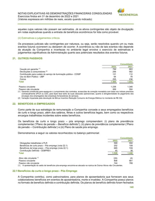 NOTAS EXPLICATIVAS ÀS DEMONSTRAÇÕES FINANCEIRAS CONSOLIDADAS
Exercícios findos em 31 de dezembro de 2022 e 2021
(Valores expressos em milhões de reais, exceto quando indicado)
145
aqueles cujos valores não possam ser estimados. Já os ativos contingentes são objeto de divulgação
em notas explicativas quando a entrada de benefícios econômicos for tida como provável.
(ii) Estimativas e julgamentos críticos
Os processos judiciais são contingentes por natureza, ou seja, serão resolvidos quando um ou mais
eventos futuros ocorrerem ou deixarem de ocorrer. A ocorrência ou não de tais eventos não depende
da atuação da Companhia e incertezas no ambiente legal envolve o exercício de estimativas e
julgamentos significativos da Administração quanto aos potenciais resultados dos eventos futuros.
21. OUTROS PASSIVOS
Consolidado
2022 2021
Caução em garantia (1)
799 663
Devoluções a consumidores (2)
256 562
Contribuição para custeio do serviço de iluminação pública - COSIP 131 112
Uso do Bem Público - UBP 64 78
Outros 255 238
Total 1.505 1.653
Passivo circulante 1.236 1.349
Passivo não circulante 269 304
(1) Garantia constituída para assegurar o cumprimento dos contratos, acrescidas de correção monetária com base nos índices previstos
contratualmente (IPCA ou CDI), para fazer face tanto às suas cláusulas operacionais, quanto à obrigatoriedade do pagamento dos
encargos dos empregados das empresas fornecedoras de serviços.
(2) Variação impactada pela devolução de Bônus Incentivo Redução Consumo de Energia Elétrica no montante de R$ 332.
22. BENEFÍCIOS A EMPREGADOS
Como parte de sua estratégia de remuneração a Companhia concede a seus empregados benefícios
de curto e longo prazo, além dos salários, férias e outros benefícios legais, bem como os respectivos
encargos trabalhistas incidentes sobre estes benefícios.
Os benefícios de curto e longo prazo – pós emprego compreendem: (i) plano de previdência
complementar (“Plano de pensão – Benefício definido”); (ii) plano de previdência complementar (‘Plano
de pensão – Contribuição definida’) e (iii) Plano de saúde pós emprego.
Demonstramos a seguir os valores reconhecidos no balanço patrimonial:
Consolidado
2022 2021
Obrigações trabalhistas e PLR 599 550
Benefícios de curto prazo – Pós emprego (nota 22.1) 202 109
Benefícios de longo prazo – Pós emprego (nota 22.1) 685 749
Contribuição Definida - CEBPREV 40 38
Total 1.526 1.446
Ativo não circulante (1)
(24) (4)
Passivo circulante 806 661
Passivo não circulante 744 789
(1) A apresentação do saldo de benefícios pós-emprego encontra-se alocada na rubrica de Outros Ativos não Circulantes.
22.1 Benefícios de curto e longo prazo - Pós Emprego
A Companhia contribui, como patrocinadora, para planos de aposentadoria que fornecem aos seus
colaboradores benefícios em eventos de aposentadoria, morte e invalidez. A Companhia possui planos
no formato de benefício definido e contribuição definida. Os planos de benefício definido foram fechados
 