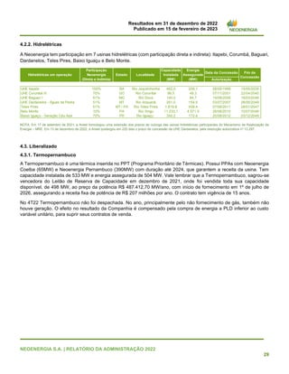 Resultados em 31 de dezembro de 2022
Publicado em 15 de fevereiro de 2023
NEOENERGIA S.A. | RELATÓRIO DA ADMINISTRAÇÃO 2022
29
4.2.2. Hidrelétricas
A Neoenergia tem participação em 7 usinas hidrelétricas (com participação direta e indireta): Itapebi, Corumbá, Baguari,
Dardanelos, Teles Pires, Baixo Iguaçu e Belo Monte.
NOTA: Em 17 de setembro de 2021, a Aneel homologou uma extensão dos prazos de outorga das usinas hidrelétricas participantes do Mecanismo de Realocação de
Energia – MRE. Em 13 de dezembro de 2022, a Aneel postergou em 220 dias o prazo de concessão da UHE Dardanelos, pela resolução autorizativa nº 13.297.
4.3. Liberalizado
4.3.1. Termopernambuco
A Termopernambuco é uma térmica inserida no PPT (Programa Prioritário de Térmicas). Possui PPAs com Neoenergia
Coelba (65MW) e Neoenergia Pernambuco (390MW) com duração até 2024, que garantem a receita da usina. Tem
capacidade instalada de 533 MW e energia assegurada de 504 MW. Vale lembrar que a Termopernambuco, sagrou-se
vencedora do Leilão de Reserva de Capacidade em dezembro de 2021, onde foi vendida toda sua capacidade
disponível, de 498 MW, ao preço da potência R$ 487.412,70 MW/ano, com início de fornecimento em 1º de julho de
2026, assegurando a receita fixa de potência de R$ 207 milhões por ano. O contrato tem vigência de 15 anos.
No 4T22 Termopernambuco não foi despachada. No ano, principalmente pelo não fornecimento de gás, também não
houve geração. O efeito no resultado da Companhia é compensado pela compra de energia a PLD inferior ao custo
variável unitário, para suprir seus contratos de venda.
Data da Concessão
Autorização
UHE Itapebi 100% BA Rio Jequitinhonha 462,0 209,1 28/05/1999 15/05/2039
UHE Corumbá III 70% GO Rio Corumbá 96,5 49,3 07/11/2001 22/04/2040
UHE Baguari I 51% MG Rio Doce 140,0 84,7 15/08/2006 19/03/2046
UHE Dardanelos - Águas da Pedra 51% MT Rio Aripuanã 261,0 154,9 03/07/2007 28/06/2049
Teles Pires 51% MT / PA Rio Teles Pires 1.819,8 939,4 07/06/2011 28/01/2047
Belo Monte 10% PA Rio Xingu 11.233,1 4.571,0 26/08/2010 10/07/2046
Baixo Iguaçu - Geração Céu Azul 70% PR Rio Iguaçu 350,2 172,4 20/08/2012 03/12/2049
Fim da
Concessão
Hidrelétricas em operação
Participação
Neoenergia
(Direta e Indireta)
Estado Localidade
Capacidade
Instalada
(MW)
Energia
Assegurada
(MW)
 