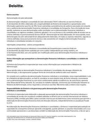 ESTE DOCUMENTO DEVE SER DESTRUÍDO OU DEVOLVIDO PARA A DELOITTE TOUCHE TOHMATSU AUDITORES INDEPENDENTES LTDA.
E NÃO DEVE SER REPRODUZIDO OU DISTRIBUÍDO EM QUALQUER FORMA SEM PERMISSÃO
© 2023. Para mais informações, contate a Deloitte Global. 70
Outros assuntos
Demonstrações do valor adicionado
As demonstrações individual e consolidada do valor adicionado (“DVA”) referentes ao exercício findo em
31 de dezembro de 2022, elaboradas sob a responsabilidade da Diretoria da Companhia e apresentadas como
informação suplementar para fins de IFRS, foram submetidas a procedimentos de auditoria executados em conjunto
com a auditoria das demonstrações financeiras individuais e consolidadas da Companhia. Para a formação de nossa
opinião, avaliamos se essas demonstrações estão conciliadas com as demonstrações financeiras individuais e
consolidadas e os registros contábeis, conforme aplicável, e se a sua forma e o seu conteúdo estão de acordo com os
critérios definidos no pronunciamento técnico CPC 09 - Demonstração do Valor Adicionado. Em nossa opinião, essas
demonstrações do valor adicionado foram adequadamente elaboradas, em todos os aspectos relevantes, segundo os
critérios definidos nesse pronunciamento técnico e são consistentes em relação às demonstrações financeiras
individuais e consolidadas tomadas em conjunto.
Informações comparativas - valores correspondentes
As demonstrações financeiras individuais e consolidadas da Companhia para o exercício findo em
31 de dezembro de 2021 foram auditadas por outro auditor independente que emitiu relatório, em
17 de fevereiro de 2022, com uma opinião sem modificação sobre essas demonstrações financeiras individuais e
consolidadas.
Outras informações que acompanham as demonstrações financeiras individuais e consolidadas e o relatório do
auditor
A Diretoria da Companhia é responsável por essas outras informações que compreendem o Relatório da
Administração.
Nossa opinião sobre as demonstrações financeiras individuais e consolidadas não abrange o Relatório da
Administração, e não expressamos qualquer forma de conclusão de auditoria sobre esse relatório.
Em conexão com a auditoria das demonstrações financeiras individuais e consolidadas, nossa responsabilidade é a de
ler o Relatório da Administração e, ao fazê-lo, considerar se esse relatório está, de forma relevante, inconsistente
com as demonstrações financeiras ou com nosso conhecimento obtido na auditoria ou, de outra forma, aparenta
estar distorcido de forma relevante. Se, com base no trabalho realizado, concluirmos que há distorção relevante no
Relatório da Administração, somos requeridos a comunicar esse fato. Não temos nada a relatar a esse respeito.
Responsabilidades da Diretoria e da governança pelas demonstrações financeiras
individuais e consolidadas
A Diretoria é responsável pela elaboração e adequada apresentação das demonstrações financeiras individuais e
consolidadas de acordo com as práticas contábeis adotadas no Brasile com as normas internacionais de relatório
financeiro (IFRS), emitidas pelo IASB, e pelos controles internos que ela determinou como necessários para permitir a
elaboração de demonstrações financeiras livres de distorção relevante, independentemente se causada por fraude
ou erro.
Na elaboração das demonstrações financeiras individuais e consolidadas, a Diretoria é responsável pela avaliação da
capacidade de a Companhia continuar operando e divulgando, quando aplicável, os assuntos relacionados com a sua
continuidade operacional e o uso dessa base contábil na elaboração das demonstrações financeiras, a não ser que a
 