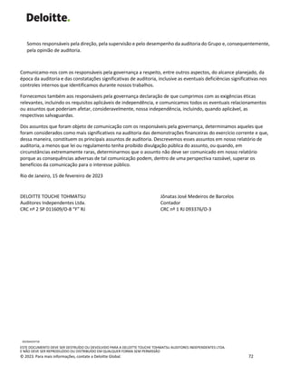 ESTE DOCUMENTO DEVE SER DESTRUÍDO OU DEVOLVIDO PARA A DELOITTE TOUCHE TOHMATSU AUDITORES INDEPENDENTES LTDA.
E NÃO DEVE SER REPRODUZIDO OU DISTRIBUÍDO EM QUALQUER FORMA SEM PERMISSÃO
© 2023. Para mais informações, contate a Deloitte Global. 72
2023SA019718
Somos responsáveis pela direção, pela supervisão e pelo desempenho da auditoria do Grupo e, consequentemente,
pela opinião de auditoria.
Comunicamo-nos com os responsáveis pela governança a respeito, entre outros aspectos, do alcance planejado, da
época da auditoria e das constatações significativas de auditoria, inclusive as eventuais deficiências significativas nos
controles internos que identificamos durante nossos trabalhos.
Fornecemos também aos responsáveis pela governança declaração de que cumprimos com as exigências éticas
relevantes, incluindo os requisitos aplicáveis de independência, e comunicamos todos os eventuais relacionamentos
ou assuntos que poderiam afetar, consideravelmente, nossa independência, incluindo, quando aplicável, as
respectivas salvaguardas.
Dos assuntos que foram objeto de comunicação com os responsáveis pela governança, determinamos aqueles que
foram considerados como mais significativos na auditoria das demonstrações financeiras do exercício corrente e que,
dessa maneira, constituem os principais assuntos de auditoria. Descrevemos esses assuntos em nosso relatório de
auditoria, a menos que lei ou regulamento tenha proibido divulgação pública do assunto, ou quando, em
circunstâncias extremamente raras, determinarmos que o assunto não deve ser comunicado em nosso relatório
porque as consequências adversas de tal comunicação podem, dentro de uma perspectiva razoável, superar os
benefícios da comunicação para o interesse público.
Rio de Janeiro, 15 de fevereiro de 2023
DELOITTE TOUCHE TOHMATSU Jônatas José Medeiros de Barcelos
Auditores Independentes Ltda. Contador
CRC nº 2 SP 011609/O-8 “F” RJ CRC nº 1 RJ 093376/O-3
 