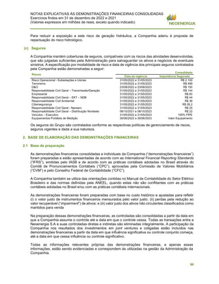 NOTAS EXPLICATIVAS ÀS DEMONSTRAÇÕES FINANCEIRAS CONSOLIDADAS
Exercícios findos em 31 de dezembro de 2022 e 2021
(Valores expressos em milhões de reais, exceto quando indicado)
90
Para reduzir a exposição a este risco de geração hidráulica, a Companhia aderiu à proposta de
repactuação do risco hidrológico.
(c) Seguros
A Companhia mantém coberturas de seguros, compatíveis com os riscos das atividades desenvolvidas,
que são julgadas suficientes pela Administração para salvaguardar os ativos e negócios de eventuais
sinistros. A especificação por modalidade de risco e data de vigência dos principais seguros contratados
pela Companhia estão demonstradas a seguir:
Riscos
Consolidado
Data da vigência Importância Segurada
Risco Operacional - Subestações e Usinas 31/05/2022 a 31/05/2023 R$ 2.100
Terrorismo 31/05/2022 a 31/05/2023 R$ 499
D&O 23/08/2022 a 23/08/2023 R$ 150
Responsabilidade Civil Geral – Transmissão/Geração 31/05/2022 a 31/05/2023 R$ 144
Empresarial 31/05/2022 a 31/05/2023 R$ 60
Responsabilidade Civil Geral – EKT – NDB 31/05/2022 a 31/05/2023 R$ 44
Responsabilidade Civil Ambiental 31/05/2022 a 31/05/2023 R$ 36
Cibersegurança 31/05/2022 a 31/05/2023 R$ 26,2
Responsabilidade Civil Geral - Neoserv 31/05/2022 a 31/05/2023 R$ 25
Responsabilidade Civil Geral – Distribuição Nordeste 08/10/2021 a 08/10/2023 R$ 22
Veículos – Executivo 31/05/2022 a 31/05/2023 100% FIPE
Equipamentos Portáteis de Medição 30/06/2022 a 30/06/2023 Valor Equipamento
Os seguros do Grupo são contratados conforme as respectivas políticas de gerenciamento de riscos,
seguros vigentes e dada a sua natureza.
2. BASE DE ELABORAÇÃO DAS DEMONSTRAÇÕES FINANCEIRAS
2.1 Base de preparação
As demonstrações financeiras consolidadas e individuais da Companhia (“demonstrações financeiras”)
foram preparadas e estão apresentadas de acordo com as International Financial Reporting Standards
(“IFRS”), emitidas pelo IASB e de acordo com as práticas contábeis adotadas no Brasil através do
Comitê de Pronunciamentos Contábeis (“CPC”), aprovadas pela Comissão de Valores Mobiliários
(“CVM”) e pelo Conselho Federal de Contabilidade (“CFC”).
A Companhia também se utiliza das orientações contidas no Manual de Contabilidade do Setor Elétrico
Brasileiro e das normas definidas pela ANEEL, quando estas não são conflitantes com as práticas
contábeis adotadas no Brasil e/ou com as práticas contábeis internacionais.
As demonstrações financeiras foram preparadas com base no custo histórico e ajustadas para refletir
(i) o valor justo de instrumentos financeiros mensurados pelo valor justo; (ii) perdas pela redução ao
valor recuperável (“impairment”) de ativos; e (iii) valor justo dos ativos não circulantes classificados como
mantidos para venda
Na preparação dessas demonstrações financeiras, as controladas são consolidadas a partir da data em
que a Companhia assume o controle até a data em que o controle cessa. Todas as transações entre a
Neoenergia S.A e suas controladas diretas e indiretas são eliminadas integralmente. A participação da
Companhia nos resultados dos investimentos em joint ventures e coligadas estão incluídos nas
demonstrações financeiras a partir da data em que influência significativa ou controle conjunto começa,
até a data em que cessa influência ou controle significativo.
Todas as informações relevantes próprias das demonstrações financeiras, e apenas essas
informações, estão sendo evidenciadas e correspondem às utilizadas na gestão da Administração da
Companhia.
 