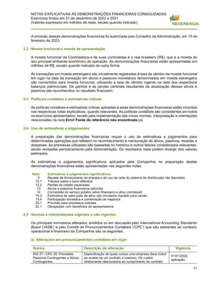 NOTAS EXPLICATIVAS ÀS DEMONSTRAÇÕES FINANCEIRAS CONSOLIDADAS
Exercícios findos em 31 de dezembro de 2022 e 2021
(Valores expressos em milhões de reais, exceto quando indicado)
91
A emissão dessas demonstrações financeiras foi autorizada pelo Conselho de Administração, em 15 de
fevereiro de 2023.
2.2 Moeda funcional e moeda de apresentação
A moeda funcional da Controladora e de suas controladas é o real brasileiro (R$), que é a moeda de
seu principal ambiente econômico de operação. As demonstrações financeiras estão apresentadas em
milhões de R$, exceto quando indicado de outra forma.
As transações em moeda estrangeira são inicialmente registradas à taxa de câmbio da moeda funcional
em vigor na data da transação em ativos e passivos monetários denominados em moeda estrangeira
são convertidos para moeda funcional, utilizando a taxa de câmbio vigente na data dos respectivos
balanços patrimoniais. Os ganhos e as perdas cambiais resultantes da atualização desses ativos e
passivos são reconhecidos no resultado financeiro.
2.3 Políticas contábeis e estimativas críticas
As políticas contábeis e estimativas críticas aplicadas à estas demonstrações financeiras estão incluídas
nas respectivas notas explicativas, quando relevantes. As políticas contábeis são consistentes em todos
os exercícios apresentados, exceto pela implementação das novas normas, interpretação e orientações
relacionadas na nota Erro! Fonte de referência não encontrada.(a).
2.4 Uso de estimativas e julgamentos
A preparação das demonstrações financeiras requer o uso de estimativas e julgamentos para
determinadas operações que refletem no reconhecimento e mensuração de ativos, passivos, receitas e
despesas. As premissas utilizadas são baseadas no histórico e outros fatores considerados relevantes,
sendo revisadas periodicamente pela Administração. Os resultados reais podem divergir dos valores
estimados.
As estimativas e julgamentos significativos aplicados pela Companhia na preparação destas
demonstrações financeiras estão apresentadas nas seguintes notas:
Nota Estimativas e julgamentos significativos
0 Receita de fornecimento de energia e de uso da rede do sistema de distribuição não faturados
10.1 Tributos sobre o lucro diferidos
12.2 Perdas de crédito esperadas
13 Ativos e passivos financeiros setoriais
14 Concessão do serviço público (ativo financeiro e ativo contratual)
15.3 Estimativa de valor justo de ativo não circulante mantido para venda
15.4 Participação societária e combinação de negócios
20.1 Provisão para processos judiciais
22.1 Obrigações com benefícios de aposentadoria
2.5 Normas e interpretações vigentes e não vigentes
Os principais normativos alterados, emitidos ou em discussão pelo International Accounting Standards
Board (‘IASB’) e pelo Comitê de Pronunciamentos Contábeis (‘CPC’) que são aderentes ao contexto
operacional e financeiro da Companhia são os seguintes:
a) Alterações em pronunciamentos contábeis em vigor
Norma Descrição da alteração Vigência
IAS 37 / CPC 25: Provisões,
Passivos Contingentes e Ativos
Contingentes.
Especificação de quais custos uma empresa deve incluir
ao avaliar se um contrato é oneroso. Os custos
diretamente relacionados ao cumprimento do contrato
01/01/2022,
aplicação
 