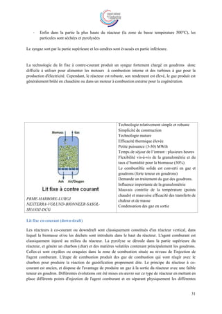 31
- Enfin dans la partie la plus haute du réacteur (la zone de basse température 500°C), les
particules sont séchées et pyrolysées
Le syngaz sort par la partie supérieure et les cendres sont évacués en partie inférieure.
La technologie du lit fixe à contre-courant produit un syngaz fortement chargé en goudrons donc
difficile à utiliser pour alimenter les moteurs à combustion interne et des turbines à gaz pour la
production d'électricité. Cependant, le réacteur est robuste, son rendement est élevé, le gaz produit est
généralement brûlé en chaudière ou dans un moteur à combustion externe pour la cogénération.
PRME-HARBORE-LURGI
NEXTERRA-VOLUND-BIONNEER-SASOL-
SHANXI-DCG
Technologie relativement simple et robuste
Simplicité de construction
Technologie mature
Efficacité thermique élevée
Petite puissance (3-30) MWth
Temps de séjour de l’intrant : plusieurs heures
Flexibilité vis-à-vis de la granulométrie et du
taux d’humidité pour la biomasse (30%)
Le combustible solide est converti en gaz et
goudrons (forte teneur en goudrons)
Demande un traitement du gaz des goudrons.
Influence importante de la granulométrie
Mauvais contrôle de la température (points
chauds) et mauvaise efficacité des transferts de
chaleur et de masse
Condensation des gaz en sortie
Lit fixe co-courant (down-draft)
Les réacteurs à co-courant ou downdraft sont classiquement constitués d'un réacteur vertical, dans
lequel la biomasse et/ou les déchets sont introduits dans le haut du réacteur. L'agent comburant est
classiquement injecté au milieu du réacteur. La pyrolyse se déroule dans la partie supérieure du
réacteur, et génère un charbon (char) et des matières volatiles contenant principalement les goudrons.
Celles-ci sont oxydées ou craquées dans la zone de combustion située au niveau de l'injection de
l'agent comburant. L'étape de combustion produit des gaz de combustion qui vont réagir avec le
charbon pour produire la réaction de gazéification proprement dite. Le principe du réacteur à co-
courant est ancien, et dispose de l'avantage de produire un gaz à la sortie du réacteur avec une faible
teneur en goudron. Différentes évolutions ont été mises en œuvre sur ce type de réacteur en mettant en
place différents points d'injection de l'agent comburant et en séparant physiquement les différentes
 