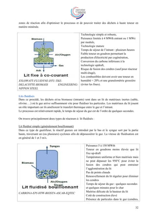 32
zones de réaction afin d'optimiser le processus et de pouvoir traiter des déchets à haute teneur en
matière minérale.
XYLOWATT-FLUIDYNE-DTU-TKE-
DELACOTTE-BIOMASS ENGINEERING-
NIPPON STEEL
Technologie simple et robuste,
Puissance limitée à 4 MWth entrant ou 1 MWe
par module,
Technologie mature
Temps de séjour de l’intrant : plusieurs heures
Faible teneur en goudron permettant la
production d'électricité par cogénération,
Conversion du carbone inférieure à la
technologie updraft,
Risque de fusion des cendres (sauf pour réacteur
multi-étagé),
Les combustibles doivent avoir une teneur en
humidité < 20% et une granulométrie grossière
(éviter les fines).
Lits fluidisés
Dans ce procédé, les déchets et/ou biomasse (intrants) sont dans un lit de matériaux inertes (sable,
olivine….) où le gaz arrive suffisamment vite pour fluidiser les particules. Les matériaux du lit jouent
un rôle important car ils améliorent le transfert thermique entre le gaz et l’intrant.
Le processus est relativement rapide, le temps de séjour du gaz est de l’ordre de quelques secondes.
On trouve principalement deux types de réacteurs à lit fluidisés :
Lit fluidisé simple (généralement bouillonnant)
Dans ce type de gazéifieur, le réactif gazeux est introduit par le bas et le syngaz sort par la partie
haute, traversant un (ou plusieurs) cyclones afin de dépoussiérer le gaz. La vitesse de fluidisation est
en général de 1 et 3 m/s.
CARBONA-EPI-HTW-BIOSYN-ASCAB-EQTEC
Puissance 5 à 150 MWth
Teneur en goudrons moins élevée que lit
fixe up-draft
Température uniforme et bien maitrisée mais
ne peut dépasser les 950°C pour éviter la
fusion des cendres qui peut entrainer
l’agglomération du lit
Pas de points chauds
Renouvellement du lit régulier pour éliminer
les cendres
Temps de séjour du gaz : quelques secondes
et quelques minutes pour le char
Maitrise délicate de la hauteur du lit
Coût de construction élevé
Présence de particules dans le gaz (cendres,
 