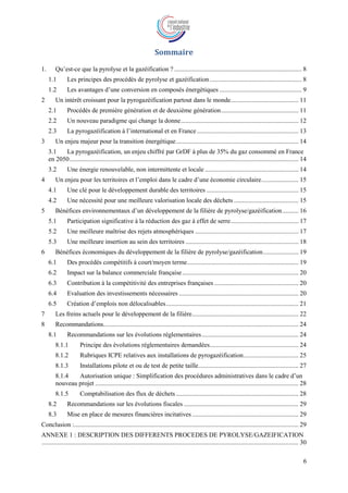 6
Sommaire
1. Qu’est-ce que la pyrolyse et la gazéification ? ............................................................................... 8
1.1 Les principes des procédés de pyrolyse et gazéification ......................................................... 8
1.2 Les avantages d’une conversion en composés énergétiques ................................................... 9
2 Un intérêt croissant pour la pyrogazéification partout dans le monde.......................................... 11
2.1 Procédés de première génération et de deuxième génération................................................ 11
2.2 Un nouveau paradigme qui change la donne......................................................................... 12
2.3 La pyrogazéification à l’international et en France............................................................... 13
3 Un enjeu majeur pour la transition énergétique............................................................................ 14
3.1 La pyrogazéification, un enjeu chiffré par GrDF à plus de 35% du gaz consommé en France
en 2050.............................................................................................................................................. 14
3.2 Une énergie renouvelable, non intermittente et locale .......................................................... 14
4 Un enjeu pour les territoires et l’emploi dans le cadre d’une économie circulaire....................... 15
4.1 Une clé pour le développement durable des territoires ......................................................... 15
4.2 Une nécessité pour une meilleure valorisation locale des déchets ........................................ 15
5 Bénéfices environnementaux d’un développement de la filière de pyrolyse/gazéification.......... 16
5.1 Participation significative à la réduction des gaz à effet de serre.......................................... 17
5.2 Une meilleure maîtrise des rejets atmosphériques ................................................................ 17
5.3 Une meilleure insertion au sein des territoires ...................................................................... 18
6 Bénéfices économiques du développement de la filière de pyrolyse/gazéification...................... 19
6.1 Des procédés compétitifs à court/moyen terme..................................................................... 19
6.2 Impact sur la balance commerciale française........................................................................ 20
6.3 Contribution à la compétitivité des entreprises françaises .................................................... 20
6.4 Evaluation des investissements nécessaires .......................................................................... 20
6.5 Création d’emplois non délocalisables.................................................................................. 21
7 Les freins actuels pour le développement de la filière.................................................................. 22
8 Recommandations......................................................................................................................... 24
8.1 Recommandations sur les évolutions réglementaires............................................................ 24
8.1.1 Principe des évolutions réglementaires demandées....................................................... 24
8.1.2 Rubriques ICPE relatives aux installations de pyrogazéification.................................. 25
8.1.3 Installations pilote et ou de test de petite taille.............................................................. 27
8.1.4 Autorisation unique : Simplification des procédures administratives dans le cadre d’un
nouveau projet .............................................................................................................................. 28
8.1.5 Comptabilisation des flux de déchets............................................................................ 28
8.2 Recommandations sur les évolutions fiscales ....................................................................... 29
8.3 Mise en place de mesures financières incitatives.................................................................. 29
Conclusion :........................................................................................................................................... 29
ANNEXE 1 : DESCRIPTION DES DIFFERENTS PROCEDES DE PYROLYSE/GAZEIFICATION
............................................................................................................................................................... 30
 