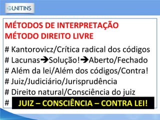 MÉTODOS DE INTERPRETAÇÃO
MÉTODO DIREITO LIVRE
# Kantorovicz/Crítica radical dos códigos
# LacunasSolução!Aberto/Fechado
# Além da lei/Além dos códigos/Contra!
# Juiz/Judiciário/Jurisprudência
# Direito natural/Consciência do juiz
# JUIZ – CONSCIÊNCIA – CONTRA LEI!
 