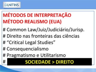 MÉTODOS DE INTERPRETAÇÃO
MÉTODO REALISMO (EUA)
# Common Law/Juiz/Judiciário/Jurisp.
# Direito nas fronteiras das ciências
# “Critical Legal Studies”
# Consequencialismo
# Pragmatismo e Utilitarismo
# SOCIEDADE > DIREITO
 