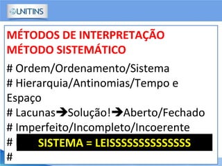 MÉTODOS DE INTERPRETAÇÃO
MÉTODO SISTEMÁTICO
# Ordem/Ordenamento/Sistema
# Hierarquia/Antinomias/Tempo e
Espaço
# LacunasSolução!Aberto/Fechado
# Imperfeito/Incompleto/Incoerente
# Hierárquico/Cronológico/Especial
#
SISTEMA = LEISSSSSSSSSSSSSS
 