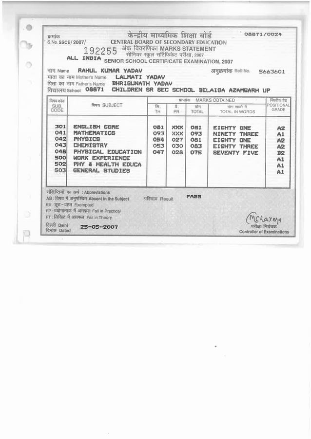 12th mark sheet and certificate