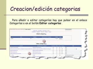 Creacion/edición categorias Para añadir o editar categorías hay que pulsar en el enlace Categorías o en el botón  Editar categorías  