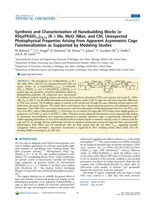 Synthesis and Characterization of Nanobuilding Blocks [o-
RStyrPhSiO1.5]10,12 (R = Me, MeO, NBoc, and CN). Unexpected
Photophysical Properties Arising from Apparent Asymmetric Cage
Functionalization as Supported by Modeling Studies
M. Bahrami,†,‡
J. C. Furgal,§
H. Hashemi,∥
M. Ehsani,‡
Y. Jahani,‡
T. Goodson, III,§
J. Kieﬀer,∥
and R. M. Laine*,†,∥
†
Macromolecular Science and Engineering, University of Michigan, Ann Arbor, Michigan 48109-2136, United States
‡
Department of Plastic Processing, Iran Polymer and Petrochemical Institute, 14965/115, Tehran, Iran
§
Department of Chemistry, University of Michigan, Ann Arbor, Michigan 48109-1055, United States
∥
Department of Materials Science and Engineering, University of Michigan, Ann Arbor, Michigan 48109-2136, United States
*S Supporting Information
ABSTRACT: The photophysics of [o-4-RStyrPhSiO1.5]8 [R =
Me, OMe, NBoc, and CN] was reported previously. Here we
report studies on [o-4-RStyrPhSiO1.5]10,12, [o-4-RStyrPh-
SiO1.5]3−[PhSiO1.5]7, and [o-4-RStyrPhSiO1.5]6[PhSiO1.5]6 to
explore cage size, geometry, and partial substitution eﬀects on
photophysical properties. All compounds were characterized
by traditional methods including solution spectroscpy and two-photon absorption (TPA) cross sections and except R = NBoc
oﬀer Td5% ≥ 400 °C/air. All exhibit absorption and emission spectra similar to the T8 cages but with some important diﬀerences
in TPA cross sections. The R-stilbenes appear to interact in the excited state through the cage, exhibiting emission spectra red-
shifted from the parent stilbenes. TPA studies show novel behavior that is functional group, geometry, and substitution number
dependent. Thus, NBoc TPA cross sections/moiety increase, with decreasing numbers of functional groups from 8 to 3 for PhT10 and
10 to 6 for PhT12 where [NBocStyrPhSiO1.5]8 TPA/moiety ≈0. In contrast, CN cages oﬀer TPA/moiety values slightly greater on
going from 3 to 8 (PhT10) and 6 to 10 (PhT12). NBoc TPA data are best explained if bromination occurs asymmetrically, leading
to asymmetric functionalization and exceptional polarization in partially substituted cages as symmetrically substituted cages
exhibit opposing polarizations. In sum, all the individual induced transition dipoles on excitation mutually cancel. In contrast, both the
cage and CN are strongly electron withdrawing such that no signiﬁcant polarization is observed/expected when asymmetrically
functionalized. Both NBoC and CN substituents oﬀer red shifts greater than Me and MeO T10,12, suggesting extended
conjugation without polarization. Asymmetric bromination is supported by DFT modeling studies where initial o-Br/o-H
bonding stabilizes incoming Br2 by 300 mEv.
■ INTRODUCTION
The ﬁrst step in designing novel hybrid nanocomposites now
used in multiple applications is to develop reproducible, high-
yield syntheses to well-deﬁned nano “building blocks” that
allow properties tailoring.1−16
Silsesquioxanes (SQs), e.g.,
[PhSiO1.5]n (n = 8, 10, 12), oﬀer excellent potential as well-
deﬁned, 3-D nanobuilding blocks where careful modiﬁcation
can provide control of nanostructure assembly and thereby
target properties. In previous studies, we functionalized
[BrnPhSiO1.5]8 (n = 1−3, Scheme 1) via Heck cross-coupling
with 4-R-styrenes (R = Me, Acetoxy, N-Boc), developing
libraries of compounds with well-deﬁned photophysical proper-
ties.17
The original objective was to establish the general eﬀects of
types and densities of functional groups/unit volume on the
photophysical properties of Oh symmetry [4-RStyrnPhSiO1.5]8
cages as they seem to exhibit 3-D electronic communication
between the cage and conjugated moieties in the excited state
evidenced by signiﬁcant red shifts in emission λmax vs the simple
chromophore.17−20
The current studies were further motivated
by our ﬁnding of unusually large two-photon absorption (TPA)
cross sections for [p-4-NH2C6H4CHCHC6H4CH
CHSiO1.5]8 cages (100 GM/moiety),17
whereas follow-on
studies on [NBoCStyrPhSiO1.5]8 where the stilbene vinyl is
on the ortho carbon oﬀered TPA values of ≈0/moiety ascribed
to the Oh symmetry of the molecule, resulting in self-canceling
polarization (see below for further discussion). Note that this
contrasts with {[(NBocStyryl)3Ph]8SiO1.5}8, which oﬀers 12
GM/moiety (total number of moieties =24) presumably
because this system has much less symmetry.17
The design of organic compounds with very large or small
TPA cross sections is a ﬁeld that still needs extensive
Received: March 19, 2015
Revised: June 18, 2015
Article
pubs.acs.org/JPCC
© XXXX American Chemical Society A DOI: 10.1021/acs.jpcc.5b02678
J. Phys. Chem. C XXXX, XXX, XXX−XXX
 