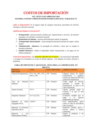 COSTOS DE IMPORTACIÓN
LIC. LICET GALLARDO SIACARA
MATERIA: COSTOS Y PRESUPUESTOS INTERNACIONALES /PARALELO 7A
¿Qué es Importación? Es el ingreso legal de cualquier mercancía, procedente de territorio
extranjero a territorio nacional
¿Quiénes participan en este proceso?
1. El importador.- persona natural o jurídica que importa bienes o servicios de territorio
extranjero y lo introduce a territorio nacional.
2. Despachante de aduana.- persona autorizada para realizar el despacho
3. Transportador internacional.- el que transporta mercancías del país de origen al país
destino
4. Administración aduanera.- la encargada de controlar y hacer que se cumpla la
normativa aduanera
5. Entidad financiera.- donde el importador realiza transacciones y los pagos de los
tributos aduaneros.
Arancel de importación.- son impuestos aplicados por los países, a las mercancías importadas
y se pagan en el momento en el que los bienes ingresan a las aduanas (vía aérea, terrestre o
marítima)
TABLA DE IMPUESTOS Y ARANCELES APLICADOS A LA IMPORTACION EN
BOLIVIA
ARANCEL /
IMPUESTO
TASA BASE IMPONIBLE OBSERVACIONES
Arancel de Importación 0 %, 5%, 10%, 15%,
20% y 35%
CIF – Frontera Algunos bienes de capital
(maquinarias y equipos)
tienen una rebaja del 50% del
arancel de importación.
Tasa de Almacén
aduanero
0.5 % CIF – Frontera Valor según el servicio
prestado y tiempo de
permanencia. La tasa es un
valor referencial.
Aporte Gremial. 0.3 % CIF – Frontera Aporte gremial según la
Cámara a la que se está
asociado.
Despacho Aduanero 0.1 % al 2,5% CIF – Frontera Comisión variable que se
paga a la agencia
despachante de aduana.
Impuesto al Valor
Agregado (IVA).
14,94 % CIF – Aduana IVA importaciones, grava
sobre el valor de mercadería
más el arancel.
Impuesto al Consumo
Específico (ICE).
- - - CIF – Aduana Impuesto variable, grava a
licores, tabaco y bienes
suntuarios.
Impuesto a los
Hidrocarburos IEDH).
- - - CIF – Aduana Según el producto a ser
importado
 