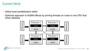 Current Work
Leveraging Intra-Node Parallelization in HPCC Systems 21
• Utilize local parallelization better
• Optimize approach to NUMA effects by pinning threads on cores in one CPU that
share datasets
 