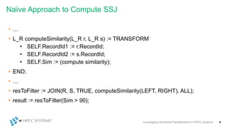 Naïve Approach to Compute SSJ
• …
• L_R computeSimilarity(L_R r, L_R s) := TRANSFORM
• SELF.RecordId1 := r.RecordId;
• SELF.RecordId2 := s.RecordId;
• SELF.Sim := (compute similarity);
• END;
• …
• resToFilter := JOIN(R, S, TRUE, computeSimilarity(LEFT, RIGHT), ALL);
• result := resToFilter(Sim > 90);
Leveraging Intra-Node Parallelization in HPCC Systems 4
 