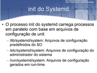 init do Systemd
• O processo init do systemd carrega processos
em paralelo com base em arquivos de
configuração de unit
– /lib/systemd/system: Arquivos de configuração
predefinidos do SO
– /etc/systemd/system: Arquivos de configuração do
administrador do sistema
– /run/systemd/system: Arquivos de configuração
gerados em run-time.
 