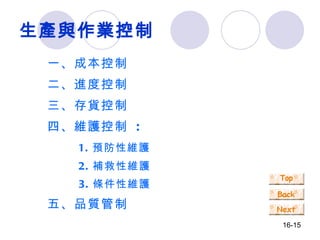 生產與作業控制 一、成本控制 二、進度控制 三、存貨控制 四、維護控制  : 1. 預防性維護 2. 補救性維護 3. 條件性維護 五、品質管制 