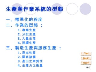 生產與作業系統的型態 一、標準化的程度 二、作業的型態  : 1. 專案生產 2. 分批生產 3. 大量生產 4. 連續生產 三、製造生產與服務生產  : 1. 產出性質 2. 顧客接觸 3. 產出之齊質性 4. 生產力之衡量 