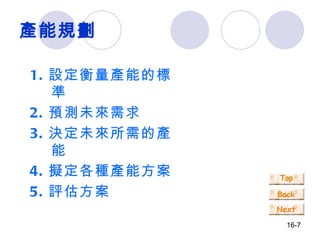 產能規劃 1. 設定衡量產能的標準 2. 預測未來需求 3. 決定未來所需的產能 4. 擬定各種產能方案 5. 評估方案 