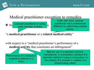 Medical practitioner exception to remedies No remedies are available from  “ a  medical practitioner  or a  related medical entity ”  with respect to a “medical practitioner’s performance of a  medical activity  that constitutes an infringement” Licensed practitioner or acting under direction of same Entity with which medical practitioner has a professional affiliation for performing medical activity  Performance of a medical or surgical procedure on a body; Not  the use of a patented machine, manufacture, or composition; practice of a patented method of using a composition; or the practice of a process in violation of a biotechnology patent  