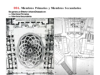 004 .  Miembros Primarios y Miembros Secundarios Se genera un “Interior Urbano”, basado en:  >> Miembros Primarios  >> Miembros Secundarios Edificio del Senado   Edificio de los Conservadores   Antiguo Tabulario   