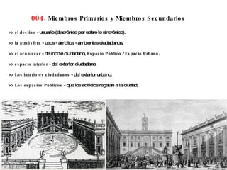 004 .  Miembros Primarios y Miembros Secundarios >>  el destino  - usuario (diacrónico por sobre lo sincrónico). >>  la atmósfera  - usos - ámbitos - ambientes ciudadanos. >>  el acontecer  - de índole ciudadano,  Espacio Público  /  Espacio Urbano . >>  espacio interior  - del exterior ciudadano. >>  Los interiores ciudadanos  - del exterior urbano. >>  Los espacios Públicos  - que los edificios regalan a la ciudad. 