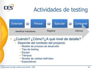 Actividades de testing

              Entender                       Pensar           Ejecutar   Comparar

                    Identificar Indicadores           Registrar          Informar



             ¿Cuándo? ¿Cómo?¿A qué nivel de detalle?
                   • Depende del contexto del proyecto
                          Modelo de proceso de desarrollo
                          Tipo de testing
                          Equipo
                          Tiempos
                          Niveles de calidad definidos
                          Expectativas

Probar para corregir, probar para decidir - CES                                     19
 