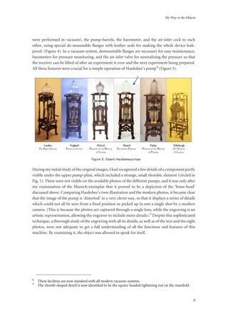 My Way to the Objects
9
were performed in vacuum), the pump-barrels, the barometer, and the air-inlet cock to each
other, using special de-mountable flanges with leather seals for making the whole device leak-
proof. (Figure 4). In a vacuum-system, demountable flanges are necessary for easy maintenance,
barometers for pressure monitoring, and the air-inlet valve for neutralizing the pressure so that
the receiver can be lifted of after an experiment is over and the next experiment being prepared.
All these features were crucial for a simple operation of Hauksbee’s pump4 (Figure 5).
Figure 2: Extant Hauksbee-pumps.
During my initial study of the original images, I had recognized a few details of a component partly
visible under the upper pump-plate, which included a strange, small rhombic element (circled in
Fig. 1). These were not visible on the available photos of the different pumps, and it was only after
my examination of the Munich-exemplar that it proved to be a depiction of the ‘brass-head’
discussed above. Comparing Hauksbee’s own illustration and the modern photos, it became clear
that the image of the pump is ‘distorted’ in a very clever way, so that it displays a series of details
which could not all be seen from a fixed position or picked up in one a single shot by a modern
camera. (This is because the photos are captured through a single lens, while the engraving is an
artistic representation, allowing the engraver to include more details).5 Despite this sophisticated
technique, a thorough study of the engraving with all its details, as well as of the text and the eight
photos, were not adequate to get a full understanding of all the functions and features of this
machine. By examining it, the object was allowed to speak for itself.
4 These facilities are now standard with all modern vacuum-systems.
5 The rhomb-shaped detail is now identiﬁed to be the square-headed tightening nut on the manifold.
 