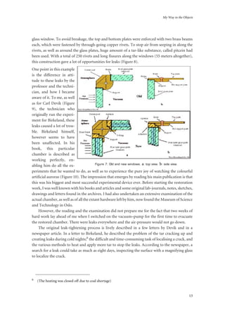 My Way to the Objects
13
glass window. To avoid breakage, the top and bottom plates were enforced with two brass beams
each, which were fastened by through-going copper rivets. To stop air from seeping in along the
rivets, as well as around the glass plates, huge amount of a tar-like substance, called pitcein had
been used. With a total of 250 rivets and long fissures along the windows (55 meters altogether),
this construction gave a lot of opportunities for leaks (Figure 8).
One point in this example
is the difference in atti-
tude to these leaks by the
professor and the techni-
cian, and how I became
aware of it. To me, as well
as for Carl Devik (Figure
9), the technician who
originally run the experi-
ment for Birkeland, these
leaks caused a lot of trou-
ble. Birkeland himself,
however seems to have
been unaffected. In his
book, this particular
chamber is described as
working perfectly, en-
abling him do all the ex-
periments that he wanted to do, as well as to experience the pure joy of watching the colourful
artificial auroras (Figure 10). The impression that emerges by reading his main publication is that
this was his biggest and most successful experimental device ever. Before starting the restoration
work, I was well known with his books and articles and some original lab-journals, notes, sketches,
drawings and letters found in the archives. I had also undertaken an extensive examination of the
actual chamber, as well as of all the extant hardware left by him, now found the Museum of Science
and Technology in Oslo.
However, the reading and the examination did not prepare me for the fact that two weeks of
hard work lay ahead of me when I switched on the vacuum–pump for the first time to evacuate
the restored chamber. There were leaks everywhere and the air-pressure would not go down.
The original leak-tightening process is lively described in a few letters by Devik and in a
newspaper article. In a letter to Birkeland, he described the problem of the tar cracking up and
creating leaks during cold nights;6 the difficult and time-consuming task of localising a crack, and
the various methods to heat and apply more tar to stop the leaks. According to the newspaper, a
search for a leak could take as much as eight days, inspecting the surface with a magnifying glass
to localize the crack.
6 (The heating was closed off due to coal shortage)
Figure 7: Old and new windows. a: top view. b: side view.
 