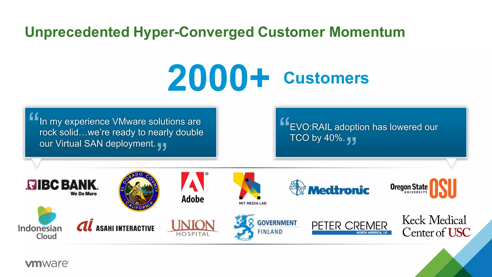 Unprecedented  Hyper-­Converged  Customer  Momentum  
2000+ Customers
In  my  experience  VMware  solutions  are  
rock  solid…we’re  ready  to  nearly  double  
our  Virtual  SAN  deployment.
“
”
EVO:RAIL  adoption  has  lowered  our  
TCO  by  40%.“
”
 
