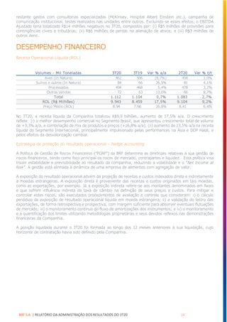 BRF S.A. | RELATÓRIO DA ADMINISTRAÇÃO DOS RESULTADOS DO 3T20 14
restante gastos com consultorias especializadas (McKinsey, Hospital Albert Einstein etc.), campanha de
comunicação institucional, testes realizados nas unidades entre outros. Excluindo-se esses efeitos, o EBITDA
Ajustado teria totalizado R$14 milhões negativos no 3T20, compostos por: (i) R$5 milhões de provisões para
contingências cíveis e tributárias; (ii) R$6 milhões de perdas na alienação de ativos; e (iii) R$3 milhões de
outros itens.
DESEMPENHO FINANCEIRO
Receita Operacional Líquida (ROL)
No 3T20, a receita líquida da Companhia totalizou R$9,9 bilhões, aumento de 17,5% a/a. O crescimento
reflete: (i) o melhor desempenho comercial no Segmento Brasil, que apresentou crescimento total de volume
de +3,3% a/a, e combinação de mix de produtos e preços (+16,8% a/a); (ii) aumento de 13,5% a/a na receita
líquida do Segmento Internacional, principalmente impulsionado pelas performances na Ásia e DDP Halal, e
pelos efeitos da desvalorização cambial.
Estratégia de proteção do resultado operacional – hedge accounting
A Política de Gestão de Riscos Financeiros (“PGRF”) da BRF determina as diretrizes relativas à sua gestão de
riscos financeiros, tendo como foco principal os riscos de mercado, contrapartes e liquidez. Esta política visa
trazer estabilidade e previsibilidade ao resultado da companhia, reduzindo a volatilidade e o “Net Income at
Risk”. A gestão está alinhada à dinâmica de uma empresa de alimentos com agregação de valor.
A exposição do resultado operacional advém da projeção de receitas e custos indexados direta e indiretamente
a moedas estrangeiras. A exposição direta é proveniente das receitas e custos originados em tais moedas,
como as exportações, por exemplo. Já a exposição indireta refere-se aos montantes denominados em Reais
e que sofrem influência indireta da taxa de câmbio na definição de seus preços e custos. Para mitigar e
controlar estes riscos, são executados procedimentos de avaliação e controle que consideram: i) o cálculo
periódico da exposição de resultado operacional líquida em moeda estrangeira; ii) a validação do lastro das
exportações, de forma retrospectiva e prospectiva, com margem suficiente para absorver eventuais flutuações
de mercado; iii) o monitoramento contínuo do fluxo de amortizações dos instrumentos; e iv) o monitoramento
e a quantificação dos limites utilizando metodologias proprietárias e seus devidos reflexos nas demonstrações
financeiras da Companhia.
A posição liquidada durante o 3T20 foi formada ao longo dos 12 meses anteriores à sua liquidação, cujo
horizonte de contratação havia sido definido pela Companhia.
Volumes - Mil Toneladas 3T20 3T19 Var % a/a 2T20 Var % t/t
Aves (In Natura) 462 506 (8,7%) 458 1,0%
Suínos e outros (In Natura) 84 66 26,5% 81 4,1%
Processados 494 468 5,4% 478 3,2%
Outras Vendas 72 63 13,6% 66 8,7%
Total 1.112 1.104 0,7% 1.083 2,7%
ROL (R$ Milhões) 9.943 8.459 17,5% 9.104 9,2%
Preço Médio (ROL) 8,94 7,66 16,8% 8,41 6,4%
 