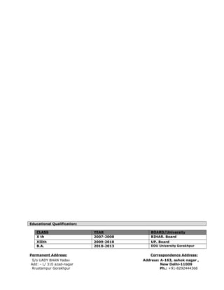 Educational Qualification:
CLASS YEAR BOARD/University
X th 2007-2008 BIHAR. Board
XIIth 2009-2010 UP. Board
B.A. 2010-2013 DDU University Gorakhpur
Permanent Address: Correspondence Address:
S/o UADY BHAN Yadav Address: A-163, ashok nagar ,
Add: - L/ 310 azad-nagar New Delhi-11009
Rrustampur Gorakhpur Ph.: +91-8292444368
 