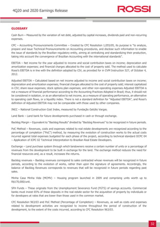 32
Earnings Release 3T14
4Q20 and 2020 Earnings Release
GLOSSARY
Cash Burn – Measured by the variation of net debt, adjusted by capital increases, dividends paid and non-recurring
expenses.
CPC – Accounting Pronouncements Committee – Created by CFC Resolution 1,055/05, its purpose is “to analyze,
prepare and issue Technical Pronouncements on Accounting procedures, and disclose such information to enable
the issue of standards by the Brazilian regulatory entity, aiming at centralizing and standardizing their production,
taking into account the convergence of Brazilian Accounting with the international standards”.
EBITDA – Net income for the year adjusted to income and social contribution taxes on income; depreciation and
amortization expenses; and financial charges allocated to the cost of property sold. The method used to calculate
Rossi’s EBITDA is in line with the definition adopted by CIV, as provided for in CVM Instruction 527, of October 4,
2012.
Adjusted EBITDA – Calculated based on net income adjusted to income and social contribution taxes on income;
depreciation and amortization expenses; financial charges allocated to the cost of property sold; interest capitalized
in CIV; share issue expenses; stock options plan expenses; and other non-operating expenses Adjusted EBITDA is
not a measure of financial performance according to the Accounting Practices Adopted in Brazil; thus, it should not
be considered in isolation, or as an alternative to net income, as a measure of operating performance, an alternative
to operating cash flows, or a liquidity index. There is not a standard definition for “Adjusted EBITDA”, and Rossi’s
definition of Adjusted EBITDA may not be comparable with those used by other companies.
INCC – National Construction Cost Index, measured by Fundação Getúlio Vargas.
Land Bank – Land bank for future developments purchased in cash or through exchange.
Backlog Margin – Equivalent to “Backlog Results” divided by “Backlog Revenues” to be recognized in future periods.
PoC Method – Revenues, costs and expenses related to real estate developments are recognized according to the
percentage of completion (“PoC”) method, by measuring the evolution of construction works to the actual costs
incurred against total expenses budgeted for each phase of the project, according to technical standard OCPC 04
– Application of ICPC 02 Technical Interpretation to Brazilian Real Estate Developers.
Exchange – Land purchase system through which landowners receive a certain number of units or a percentage of
revenues from the development to be built in exchange for the land. The exchange method reduces the need for
financial resources and, as a result, increases the returns.
Backlog revenues – Backlog revenues correspond to sales contracted whose revenues will be recognized in future
periods, according to the evolution of works, rather than upon the signature of agreements. Accordingly, the
balance of Backlog Revenues corresponds to revenues that will be recognized in future periods regarding past
sales.
Minha Casa Minha Vida (MCMV) – Housing program launched in 2009 and comprising units worth up to
R$170,000/unit.
SFH Funds – These originate from the Unemployment Severance Fund (FGTS) of savings accounts. Commercial
banks must invest 65% of these deposits in the real estate sector for the acquisition of property by individuals or
for developers at rates that are lower than those used in the common market.
CFC Resolution 963/03 and PoC Method (Percentage of Completion) – Revenues, as well as costs and expenses
related to development activities are recognized to income throughout the period of construction of the
development, to the extent of the costs incurred, according to CFC Resolution 963/03.
 