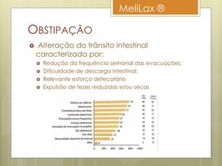 OBSTIPAÇÃO
 Alteração do trânsito intestinal
caracterizada por:
 Redução da frequência semanal das evacuações;
 Dificuldade de descarga intestinal;
 Relevante esforço defecatório
 Expulsão de fezes reduzidas e/ou secas
MeliLax ®
 