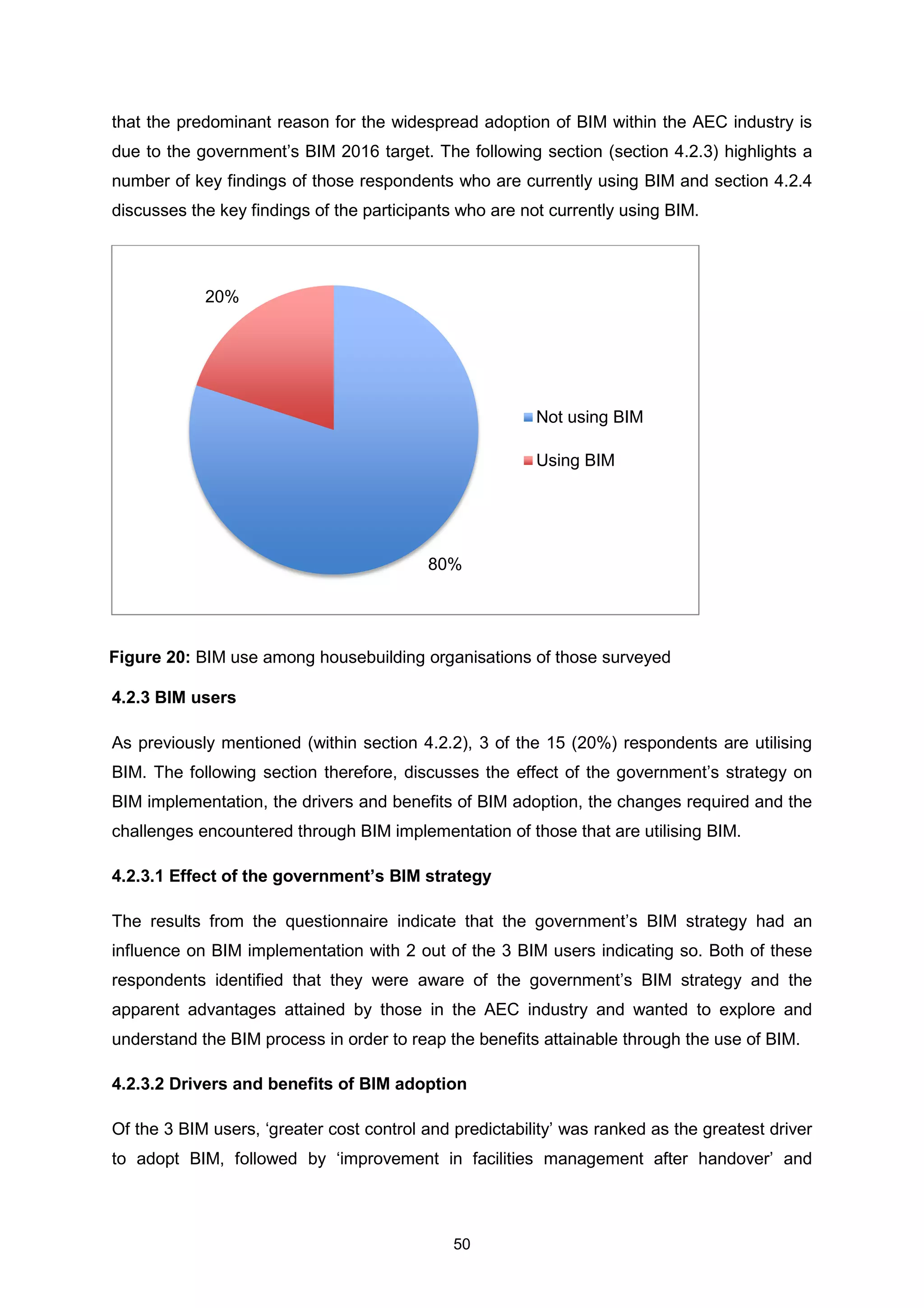50
that the predominant reason for the widespread adoption of BIM within the AEC industry is
due to the government’s BIM 2016 target. The following section (section 4.2.3) highlights a
number of key findings of those respondents who are currently using BIM and section 4.2.4
discusses the key findings of the participants who are not currently using BIM.
4.2.3 BIM users
As previously mentioned (within section 4.2.2), 3 of the 15 (20%) respondents are utilising
BIM. The following section therefore, discusses the effect of the government’s strategy on
BIM implementation, the drivers and benefits of BIM adoption, the changes required and the
challenges encountered through BIM implementation of those that are utilising BIM.
4.2.3.1 Effect of the government’s BIM strategy
The results from the questionnaire indicate that the government’s BIM strategy had an
influence on BIM implementation with 2 out of the 3 BIM users indicating so. Both of these
respondents identified that they were aware of the government’s BIM strategy and the
apparent advantages attained by those in the AEC industry and wanted to explore and
understand the BIM process in order to reap the benefits attainable through the use of BIM.
4.2.3.2 Drivers and benefits of BIM adoption
Of the 3 BIM users, ‘greater cost control and predictability’ was ranked as the greatest driver
to adopt BIM, followed by ‘improvement in facilities management after handover’ and
80%
20%
Not using BIM
Using BIM
Figure 20: BIM use among housebuilding organisations of those surveyed
 