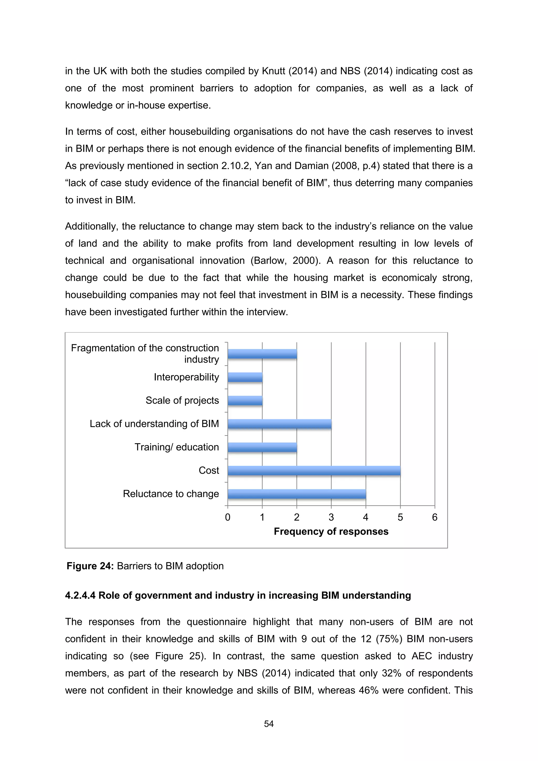 54
in the UK with both the studies compiled by Knutt (2014) and NBS (2014) indicating cost as
one of the most prominent barriers to adoption for companies, as well as a lack of
knowledge or in-house expertise.
In terms of cost, either housebuilding organisations do not have the cash reserves to invest
in BIM or perhaps there is not enough evidence of the financial benefits of implementing BIM.
As previously mentioned in section 2.10.2, Yan and Damian (2008, p.4) stated that there is a
“lack of case study evidence of the financial benefit of BIM”, thus deterring many companies
to invest in BIM.
Additionally, the reluctance to change may stem back to the industry’s reliance on the value
of land and the ability to make profits from land development resulting in low levels of
technical and organisational innovation (Barlow, 2000). A reason for this reluctance to
change could be due to the fact that while the housing market is economicaly strong,
housebuilding companies may not feel that investment in BIM is a necessity. These findings
have been investigated further within the interview.
4.2.4.4 Role of government and industry in increasing BIM understanding
The responses from the questionnaire highlight that many non-users of BIM are not
confident in their knowledge and skills of BIM with 9 out of the 12 (75%) BIM non-users
indicating so (see Figure 25). In contrast, the same question asked to AEC industry
members, as part of the research by NBS (2014) indicated that only 32% of respondents
were not confident in their knowledge and skills of BIM, whereas 46% were confident. This
0 1 2 3 4 5 6
Reluctance to change
Cost
Training/ education
Lack of understanding of BIM
Scale of projects
Interoperability
Fragmentation of the construction
industry
Frequency of responses
Figure 24: Barriers to BIM adoption
 